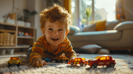A cute boy playing with a toy car indoors.