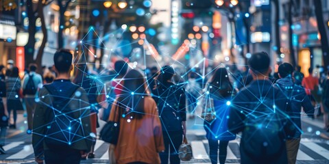 AI technology analyzes faces in busy city street for security measures. Concept Facial Recognition, Urban Surveillance, AI Security, Street Monitoring, Privacy Concerns - obrazy, fototapety, plakaty