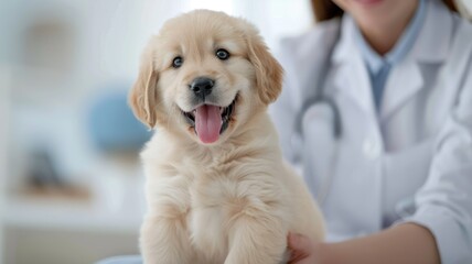 Golden retriever being examined by vet - Vet in a white coat checking the health of a friendly golden retriever in a clinical setting