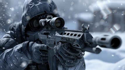 Hyper-realistic sniper holding his rifle - An intricately detailed image of a sniper with his weapon ready in a snowy environment, evoking preparedness