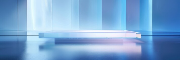Illuminated white platform with blue ambient light - A contemporary white platform bathed in blue ambient lighting, creating a vibrant and modern presentation space