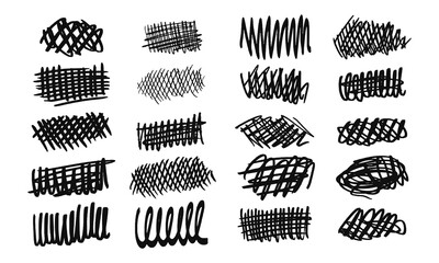 Strikethroughs and scribbles. Version No. 2. Collection of twenty randomly drawn squiggles and doodles. Vector set of handwritten symbols and signs