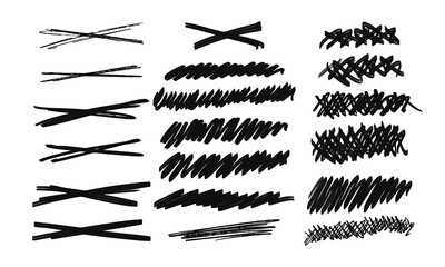 Strikethroughs and scribbles. Version No. 3. Collection of nineteen freely drawn squiggles and doodles. Vector set of handwritten symbols and signs - obrazy, fototapety, plakaty