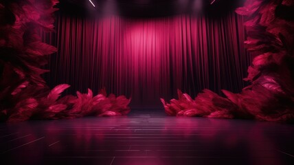 Mysterious stage with pink feathers and dark ambiance - A dark, empty stage illuminated by a single spotlight with vibrant pink feathers creating a border, invoking a sense of mystery and anticipation