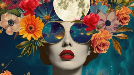 Illustration of a woman portrait with fashion flowers on the head and sunglasses. Creative retro but contemporary pop art collage. Vivid colors. A vintage background.	