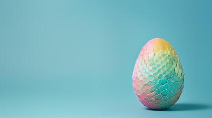 Easter egg made of dragon scales. Dragon's egg on aqua blue background. Minimal Easter concept. Pastel colors.