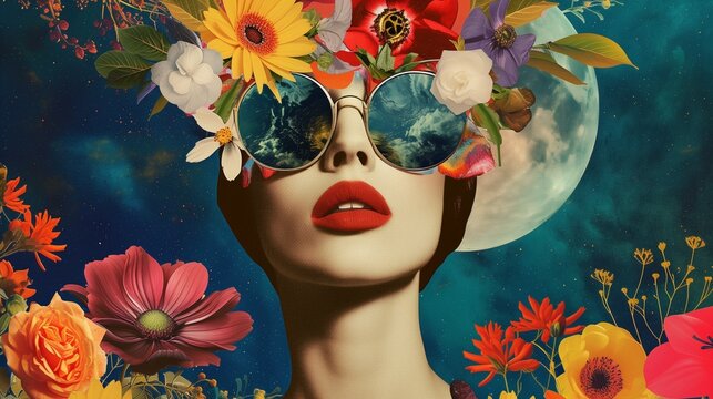 Illustration of a woman portrait with fashion flowers on the head and sunglasses. Creative retro but contemporary pop art collage. Vivid colors. A vintage background.	