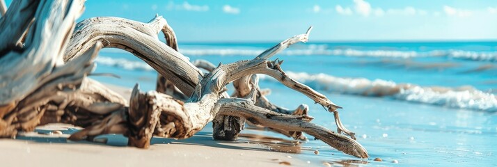 Serenity of driftwood on peaceful shore - An idyllic photo of a large piece of driftwood settled on a tranquil beach, with calm waters and clear sky in the background - obrazy, fototapety, plakaty