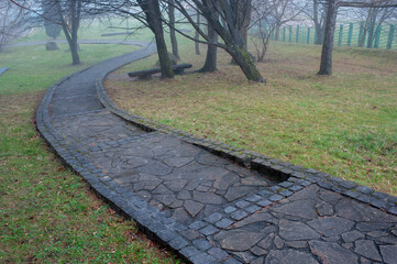 Foggy morning spring landscape, foggy alley of the old park.