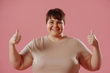 Happy overweight woman showing thumbs up gesture and smiling at camera isolated on pink background closeup