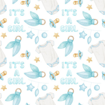 It's a girl inscription, bodysuit, soother, teether and stars. Background of baby accessories for boy. Cute watercolor pattern. Print for kids good,shop, cards, wallpapers, baby shower, kid's room