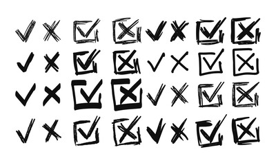 Checkmarks and crosses. Collection of thirty-two randomly drawn squiggles and doodles. Vector set of handwritten symbols and signs
