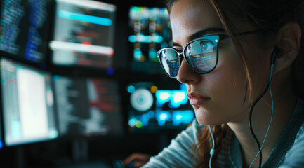 Detail shot of a woman working as a computer technician, coding for the maintenance of a network