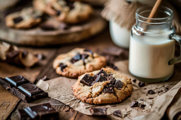 A cookie with a chocolate and a milk