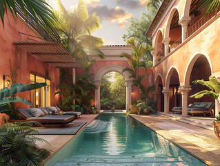 Luxueuse villa avec une piscine, située dans un cadre tropical - obrazy, fototapety, plakaty