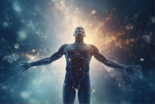 Fantasy image of human body made from atoms and particles spread in the air, daylight