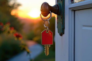 A keychain with a gold key and a red tag hanging from a doorknob of a white house with a green roof