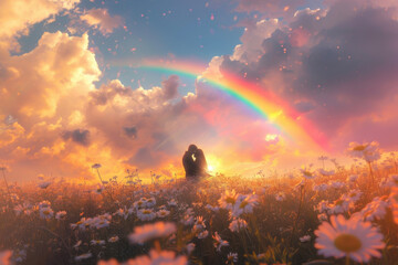 A man proposing to a woman in a field of daisies, with a rainbow in the background.
