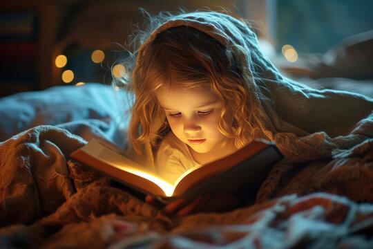a little girl reading a book with a flashlight under her blanket