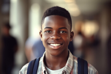 African male student stands in the school corridor generative AI - obrazy, fototapety, plakaty