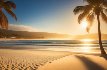 Paradise nature landscape. Sand beach, palm trees, evening sunset sky background