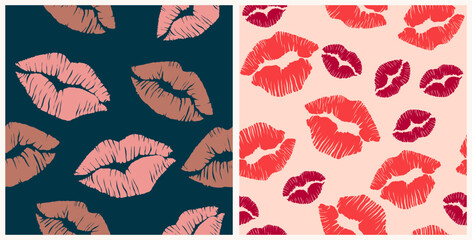 Set of seamless pattern with female lips print. Lips kiss backgrounds. Backdrop with sexy smiling mouths. Texture with symbols of passion. Bright colored illustration for fabric print, wrapping paper.