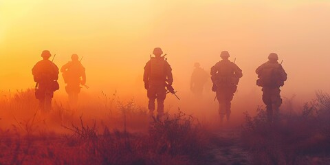 Fototapeta na wymiar Group of soldiers in gear standing strong in hazy desert landscape. Concept Military, Soldiers, Desert, Unity, Strength
