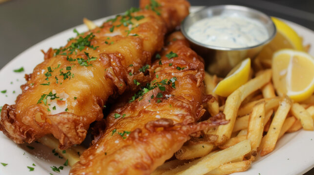 Classic Fish and Chips, a picture of fish and chips on a plate with garnish