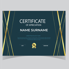 Blue and gold Certificate of achievement template set with gold badge and border. Award diploma design blank. Vector Illustration
