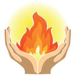 Illustration of hands holding hot fire flame isolated on white stock 