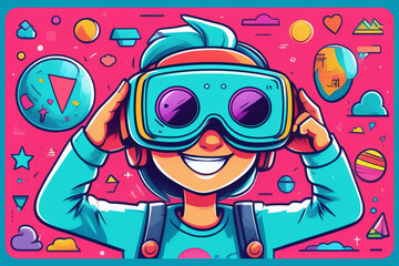 Young guy wearing virtual reality helmet. Boy in VR glasses play 3D video games. Happy little kid, child watching colorful cartoons. Gaming and childhood concept