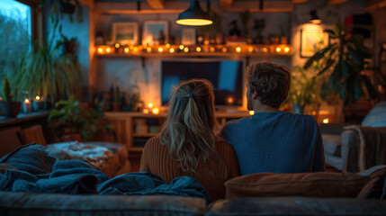 Obraz na płótnie Canvas Gemütlicher Fernsehabend eines jungen Paares im stilvollen Wohnzimmer