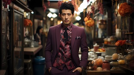 Fototapeta na wymiar A Japanese male model standing in the midst of a bustling market, dressed in a vibrant purple suit adorned with intricate patterns, captured by an HD camera