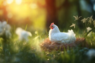 Fototapeta premium A hen sits in a nest and incubates her chicks against the background of spring nature on Easter, on a bright sunny day at a ranch in the village.