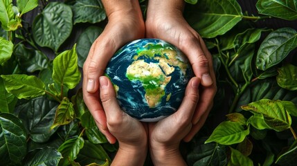 A pair of hands cradle a detailed globe surrounded by lush green leaves, symbolizing environmental...