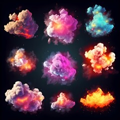 Fototapeta na wymiar Colorful set of various cloud explosions isolated on a black background