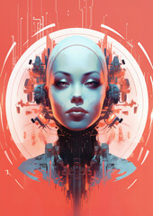 Poster of young cyborg girl in retro futuristic style. Human robot technology concept.