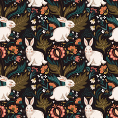 Easter bunny seamless pattern. Slavic flowers and wild herbs. Vintage folk illustration. For wallpaper, fabric, wrapping, background. Peach Fuzz
