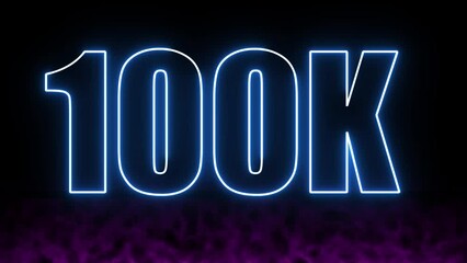  100K text with animation on black background, 100 000 Number. One hundred thousand.