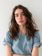 Fototapeta premium A young girl, angry, sad, with a defiant expression, arms crossed, looking at the camera