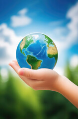 hands holds globe to show the Earth's continents and oceans, blue sky, clouds on blurred background. Earth day, Caring for Our Home and environmental conservation concept