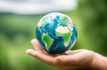 hands holds globe to show the Earth's continents and oceans, blue sky, clouds on blurred background. Earth day, Caring for Our Home and environmental conservation concept