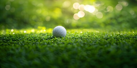 A golf ball ready for tee off on a green course. Concept Sports, Golf, Recreation, Outdoor Fun - obrazy, fototapety, plakaty