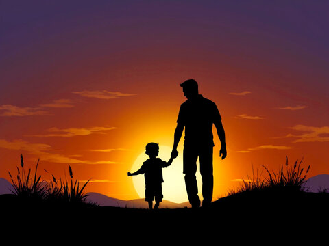 Loving father walking side by side with son holding hands image for fathers day