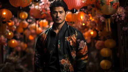 A Japanese male model standing against a backdrop of colorful lanterns, dressed in a traditional yukata with intricate patterns and vibrant colors, photographed in stunning HD quality