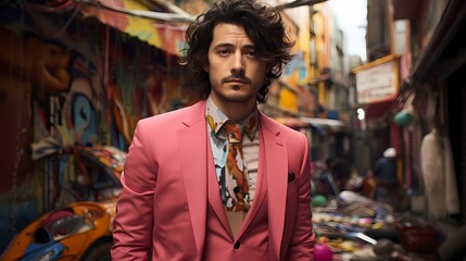 A Japanese male model standing against a backdrop of colorful street art, wearing a vibrant pink suit paired with a contrasting colorful tie, captured by an HD camera