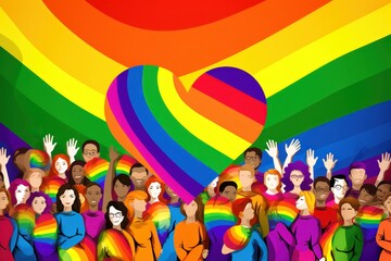 Group of people with rainbow flag and heart. LGBT community concept. 2d illustration. LGBT Concept with Copy Space. Pride Month Concept.