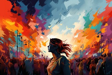 illustration of a girl in front of a crowd of people. LGBT community concept. 2d illustration. LGBT Concept with Copy Space. Pride Month Concept. - obrazy, fototapety, plakaty