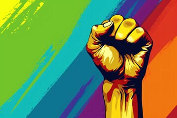 Raised fist on a colorful background. LGBT community concept. 2d illustration. LGBT Concept with Copy Space. Pride Month Concept.