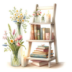 wooden shelf with books and flowers